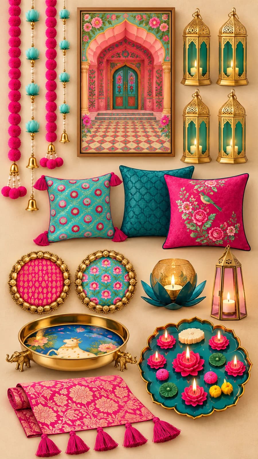 The whole look laid flat: a Rajasthani arch-door print, teal lanterns, pom-pom and lotus hangings, pink and teal cushions, gold bead plates, a lotus votive, a pink lantern, an elephant urli, a lotus pond tray and a brocade runner